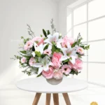 Artificial Lily White Pink Vase (Full Side)
