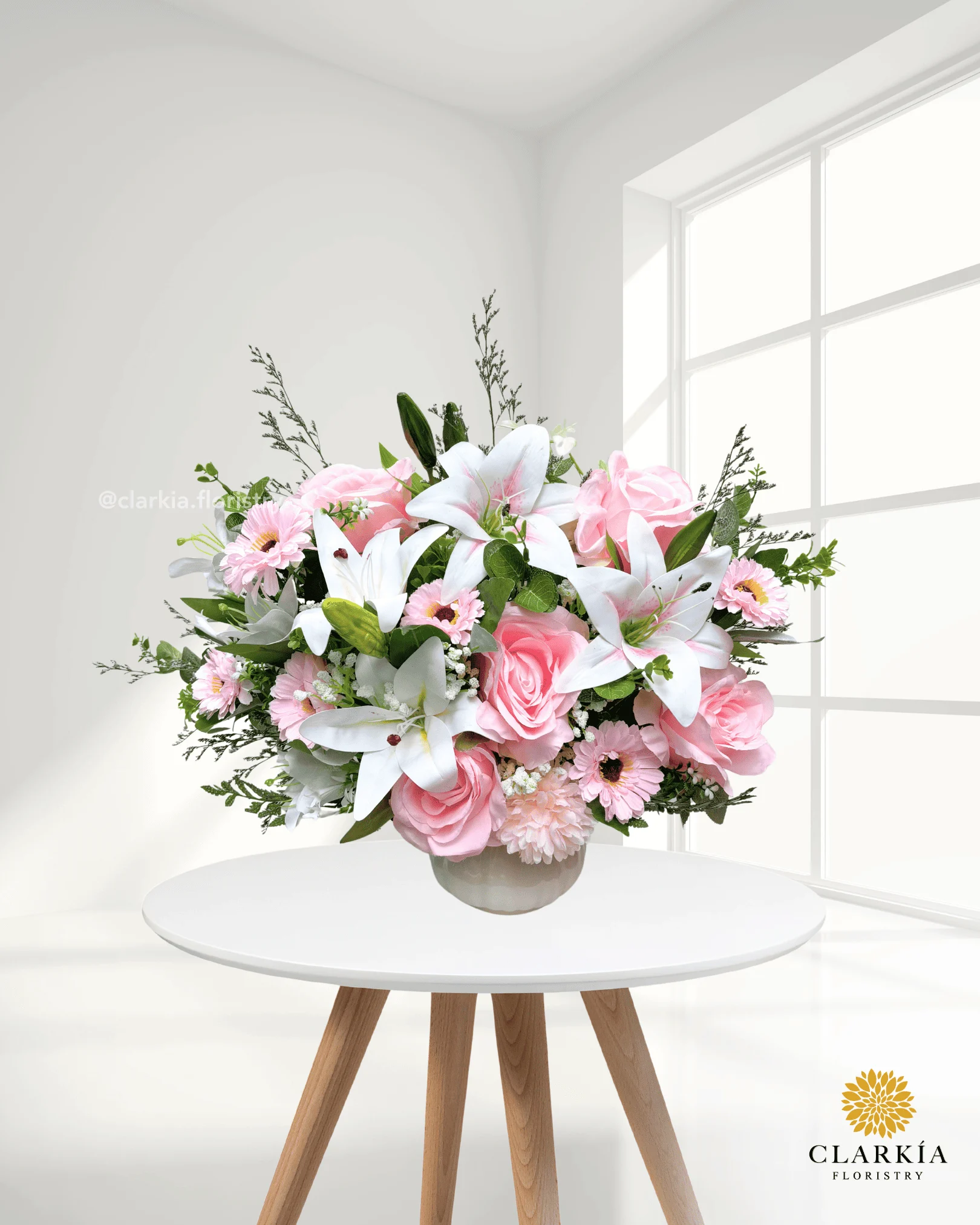 Artificial Lily White Pink Vase Artificial Lily White Pink Vase (Full Side) - Image 1